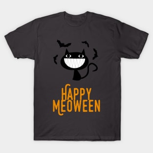 Happy Meoween – Bats and Grinning Black Cat T-Shirt